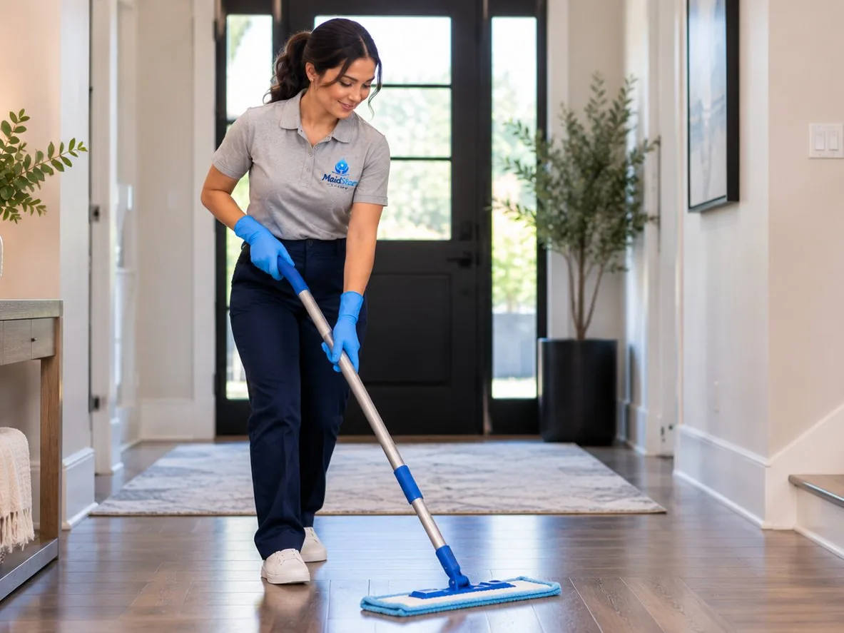 A MaidStar cleaner mopping a hardwood floor in a front hall