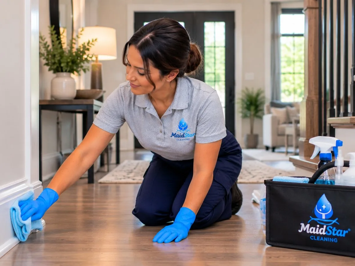 A MaidStar cleaner wiping baseboards in a hallway