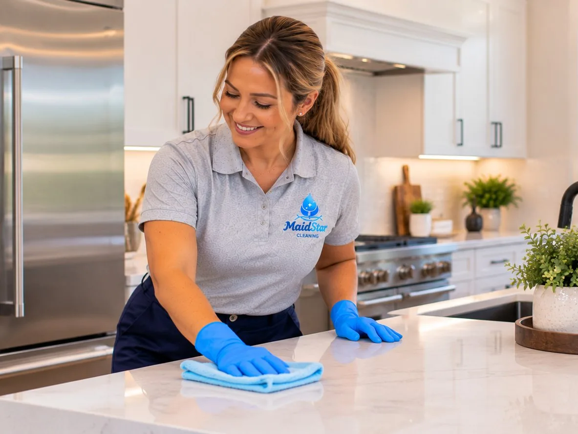 A MaidStar cleaner wiping down a kitchen island