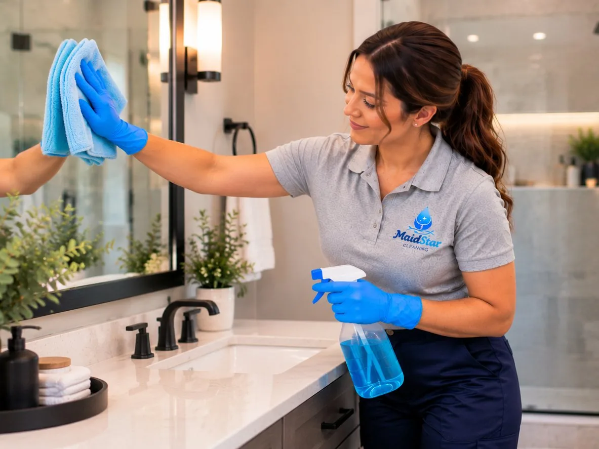 A MaidStar cleaner wiping a bathroom mirror above the vanity